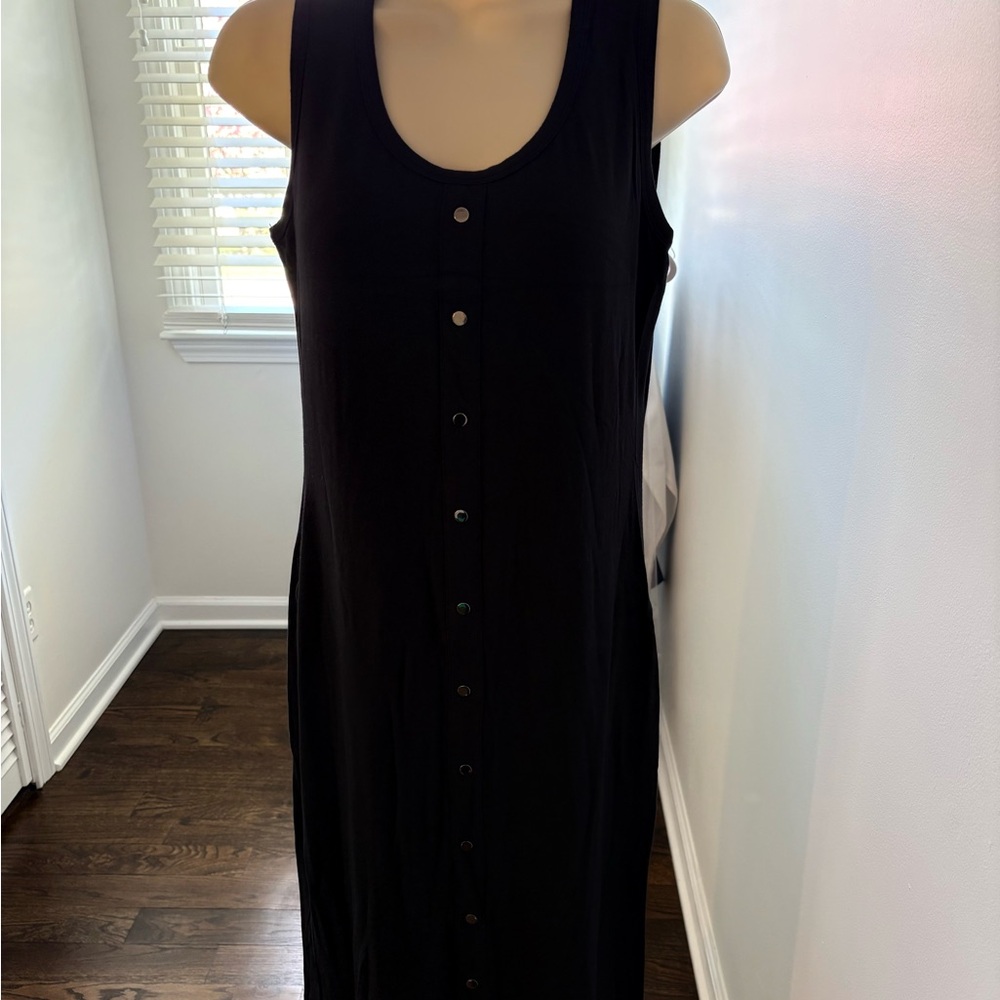 Tahari Black Soft Modal Pullover Tank Dress with Button Detail, Size S NWT